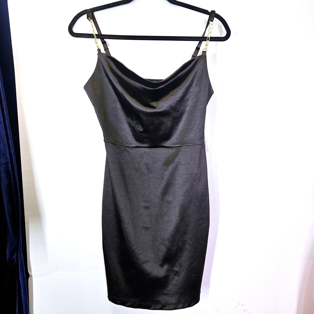 Womens Little Black Satin Gold‎ Chain Strap Slip Mini Dress Recycled Fabric Med